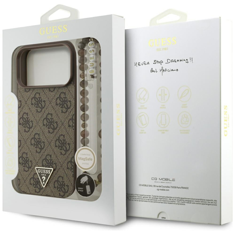 Capa MagSafe para Apple iPhone 17 Pro Max, Guess, 4G Triangle Logo Cord Strap, Marrom