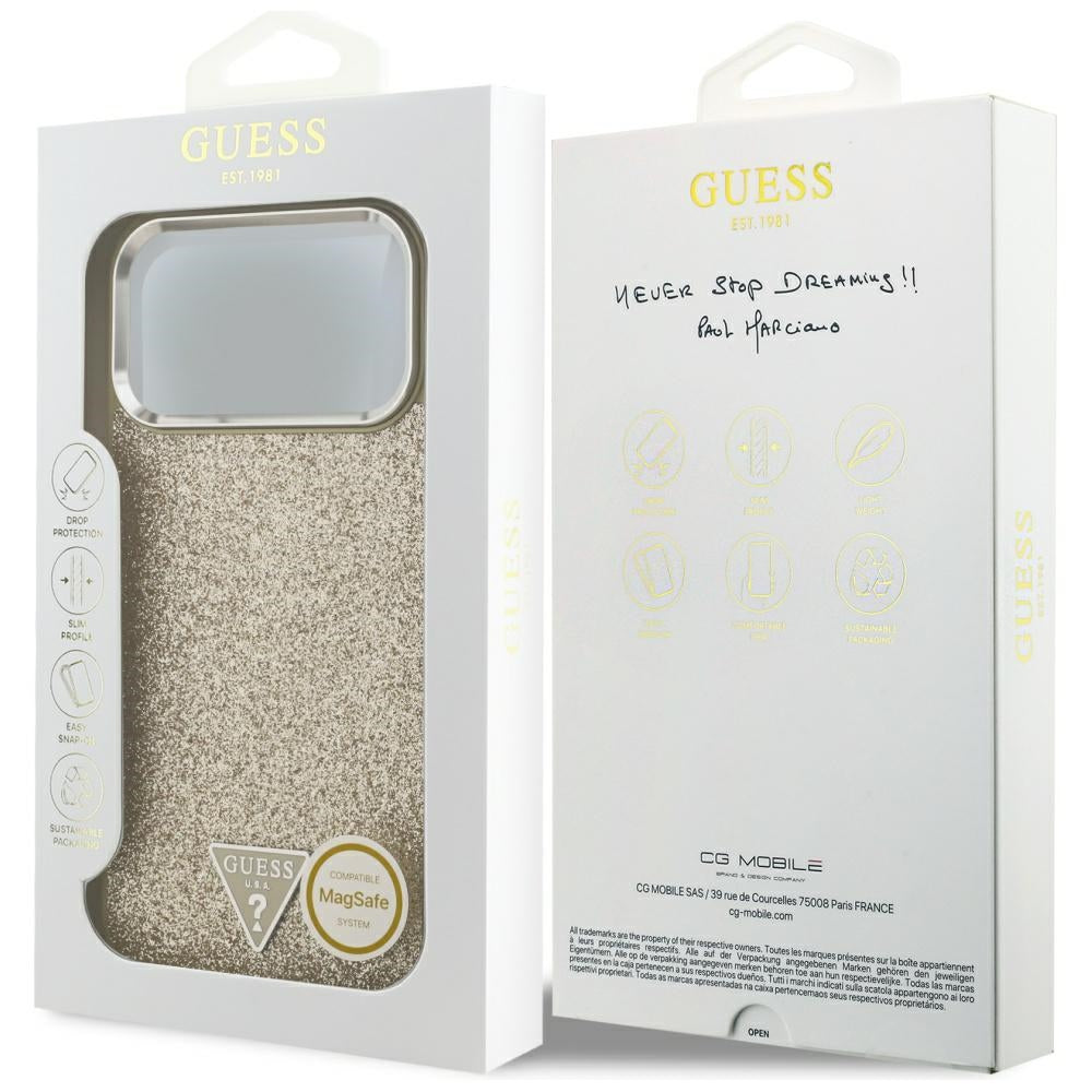 Capa MagSafe para Apple iPhone 17 Pro Max, Guess, Glitter Triangle Logo, Dourada