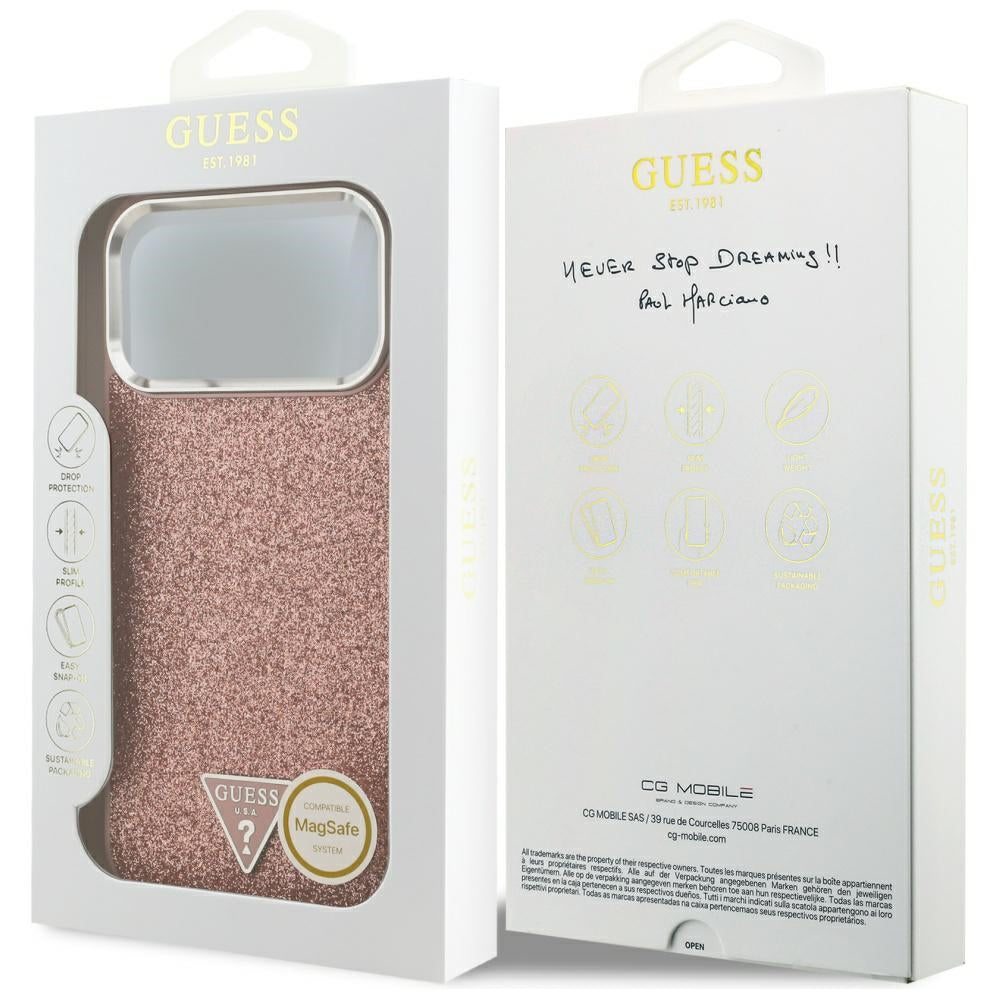 Capa MagSafe para Apple iPhone 17 Pro Max, Guess, Glitter Triangle Logo, Rosa