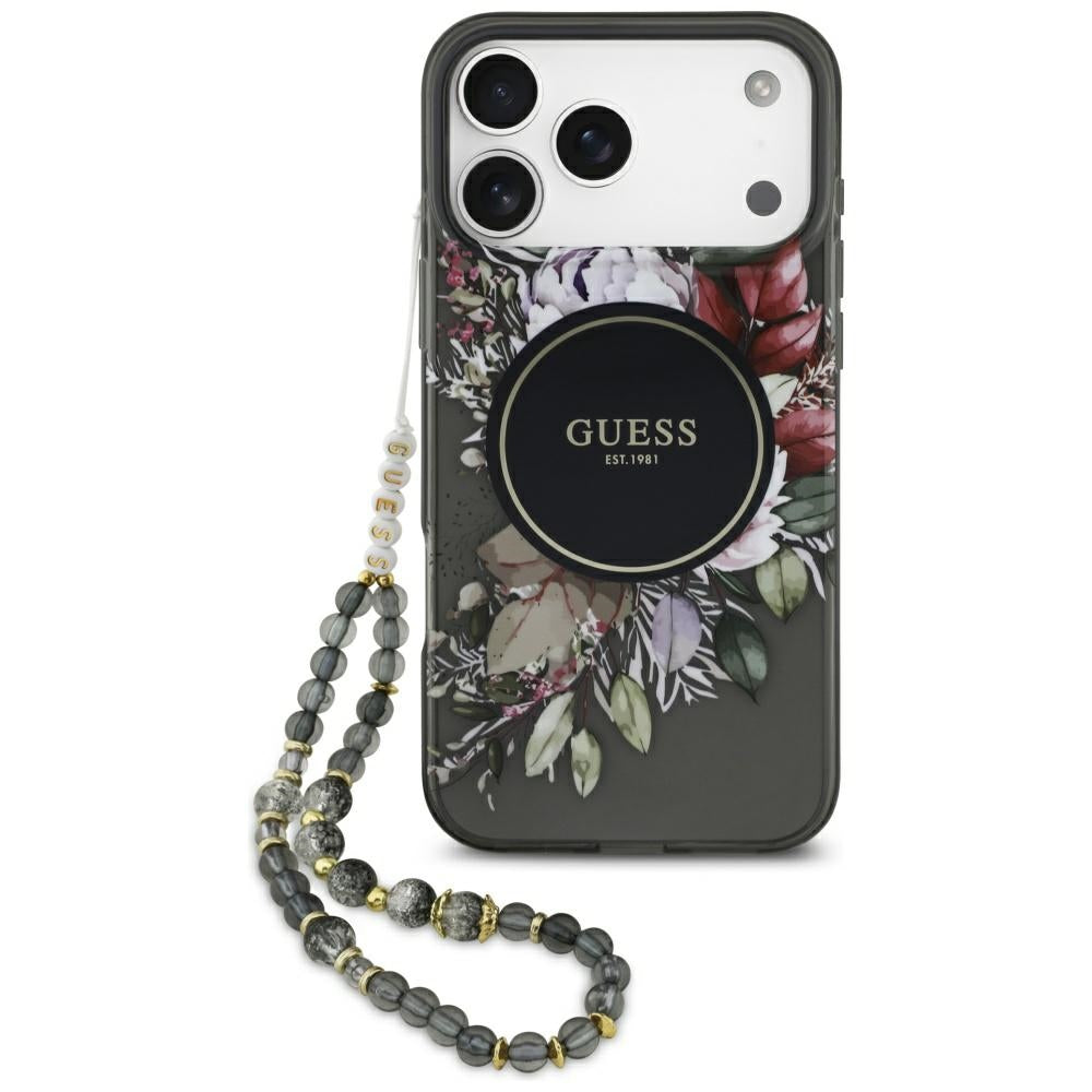 Capa MagSafe para Apple iPhone 17 Pro Max, Guess, IML Flowers with Pearl Strap, Preta