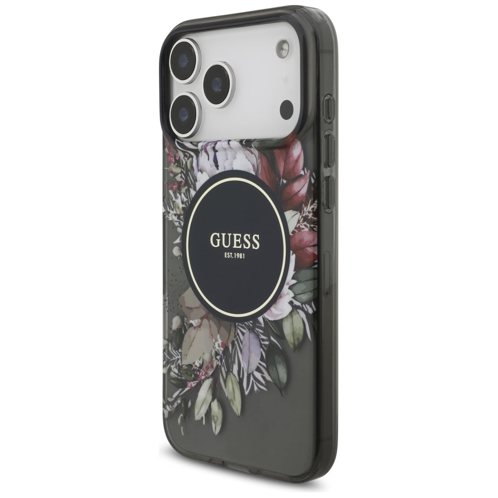 Capa MagSafe para Apple iPhone 17 Pro Max, Guess, IML Flowers with Pearl Strap, Preta