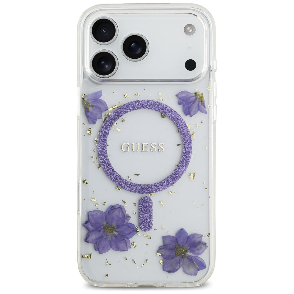 Capa MagSafe para Apple iPhone 17 Pro Max, Guess, Resin Flowers and Glitter, Roxo