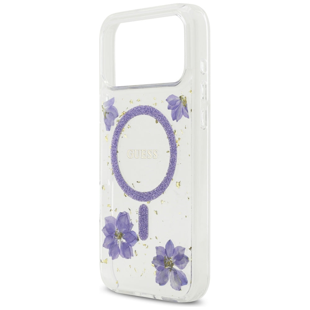 Capa MagSafe para Apple iPhone 17 Pro Max, Guess, Resin Flowers and Glitter, Roxo