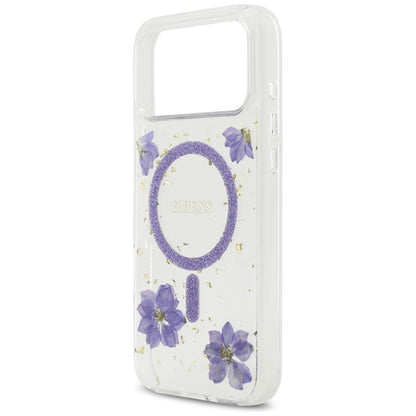 Capa MagSafe para Apple iPhone 17 Pro Max, Guess, Resin Flowers and Glitter, Roxo
