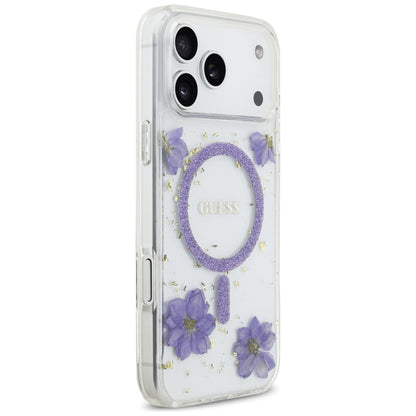 Capa MagSafe para Apple iPhone 17 Pro Max, Guess, Resin Flowers and Glitter, Roxo