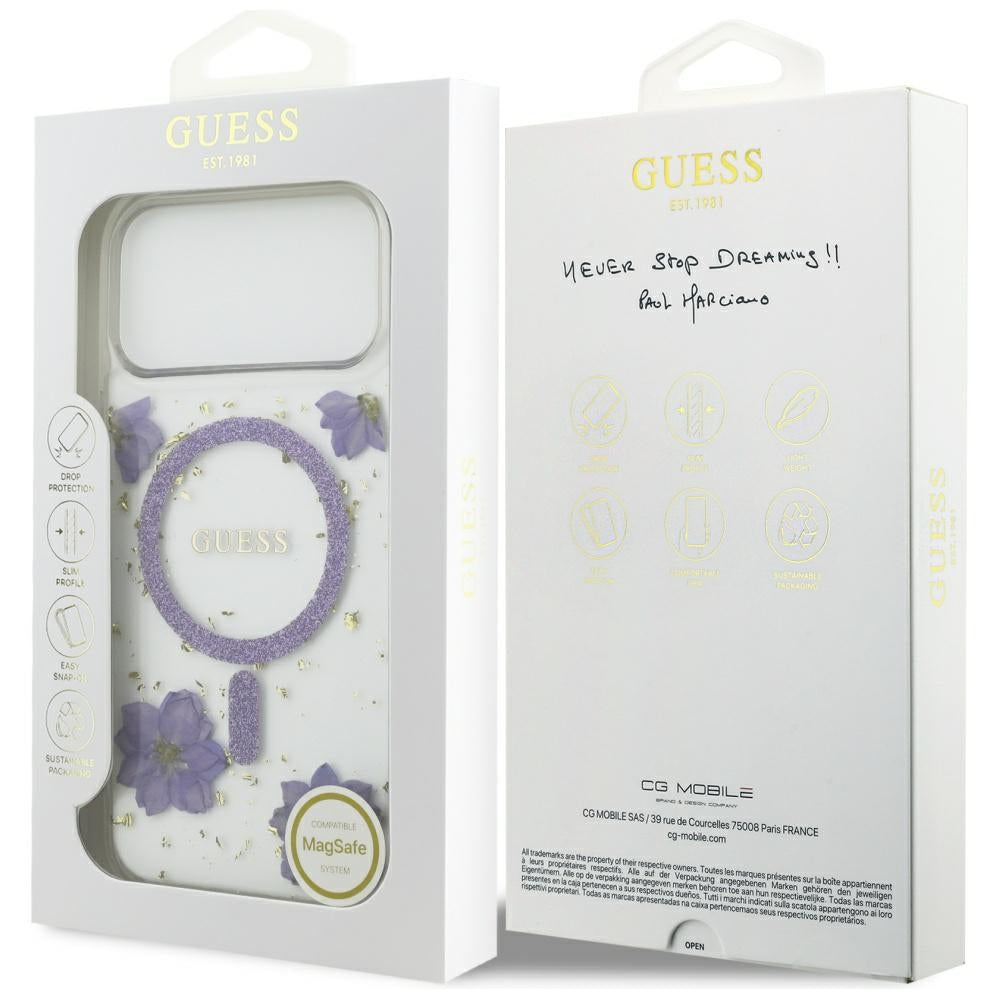 Capa MagSafe para Apple iPhone 17 Pro Max, Guess, Resin Flowers and Glitter, Roxo