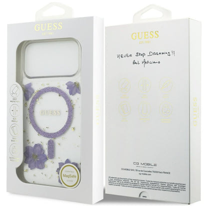 Capa MagSafe para Apple iPhone 17 Pro Max, Guess, Resin Flowers and Glitter, Roxo