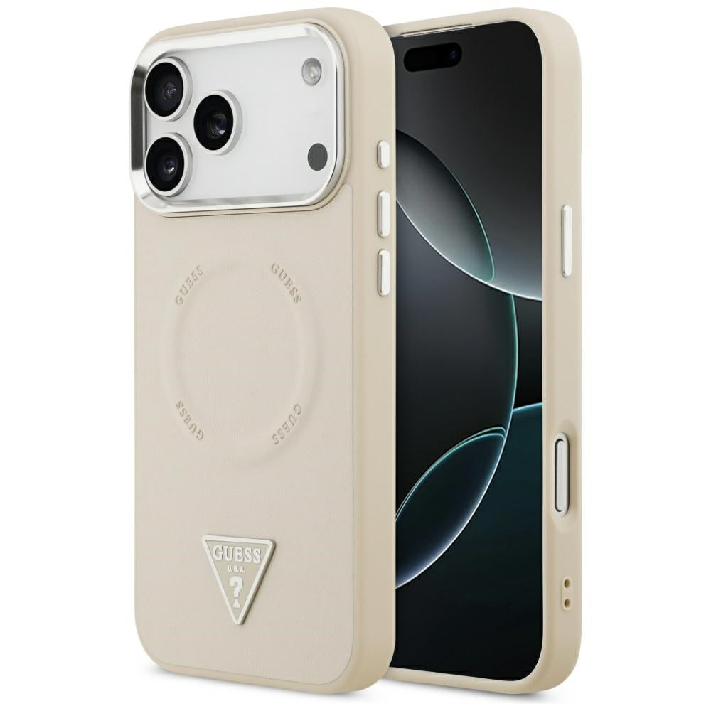 Capa MagSafe para Apple iPhone 17 Pro Max, Guess, Logotipo Triangular, Bege Prateado