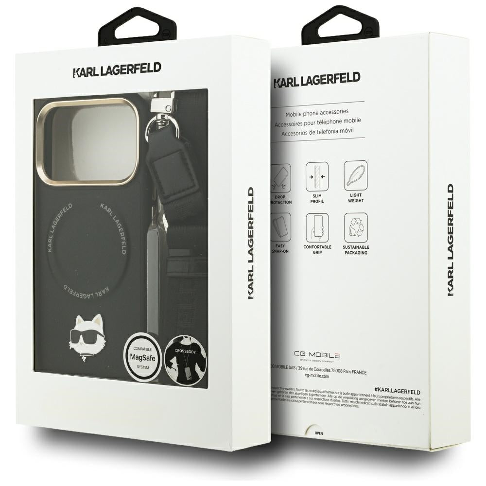 Capa MagSafe para Apple iPhone 17 Pro Max, Karl Lagerfeld, Big Strap Choupette Metal Logo, Preta