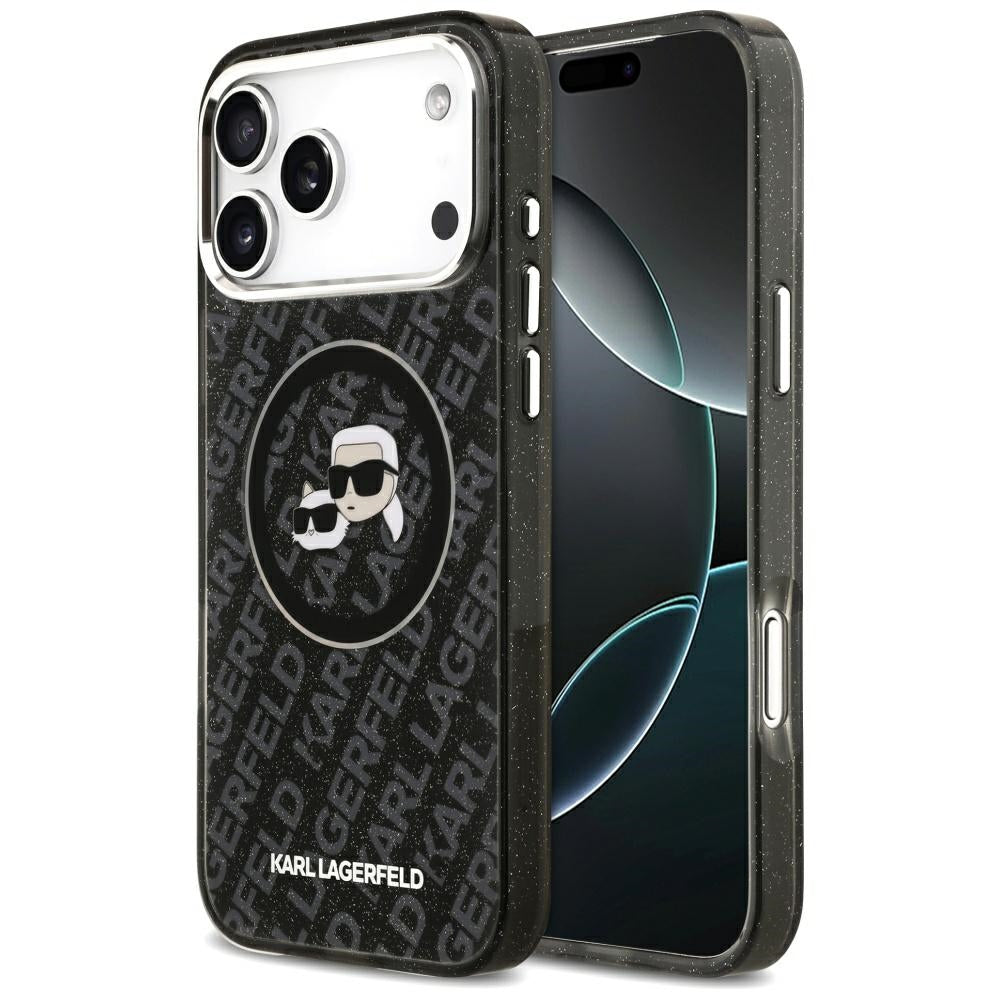 Capa MagSafe para Apple iPhone 17 Pro Max, Karl Lagerfeld, Glitter Karl & Choupette Head, Preta