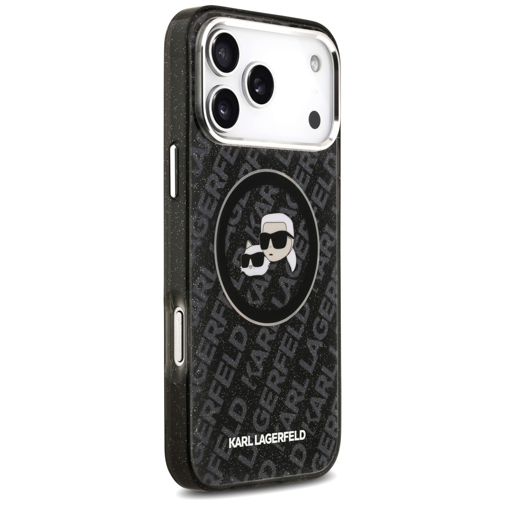 Capa MagSafe para Apple iPhone 17 Pro Max, Karl Lagerfeld, Glitter Karl & Choupette Head, Preta