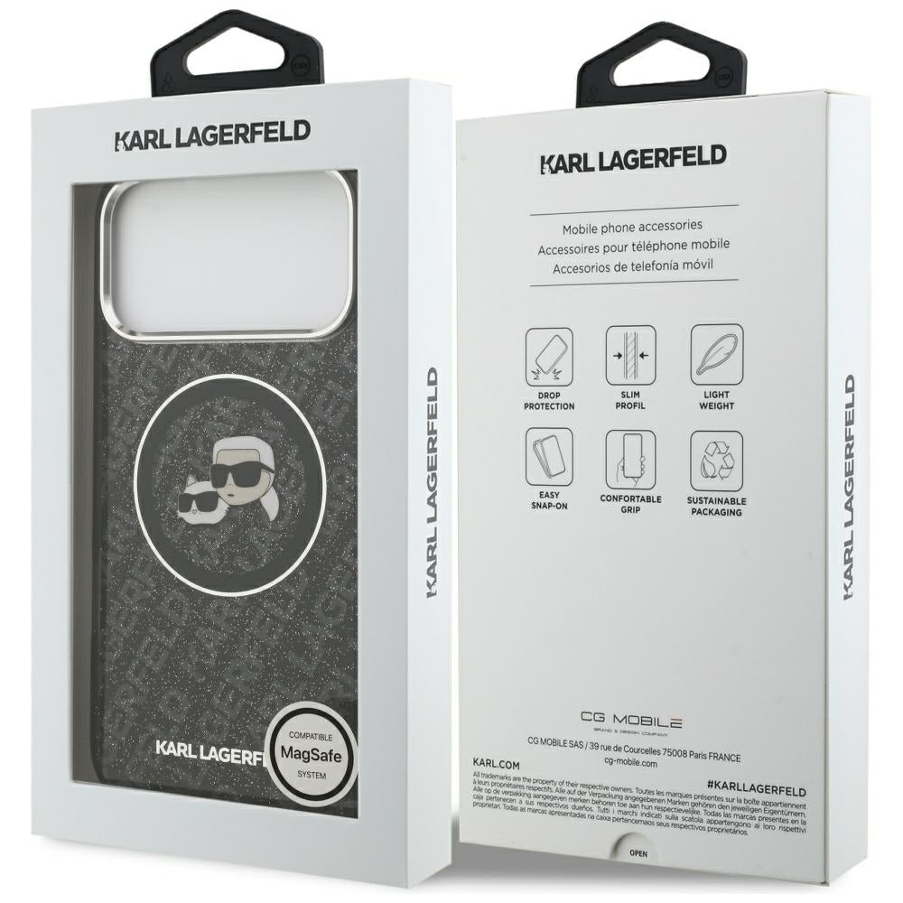 Capa MagSafe para Apple iPhone 17 Pro Max, Karl Lagerfeld, Glitter Karl & Choupette Head, Preta