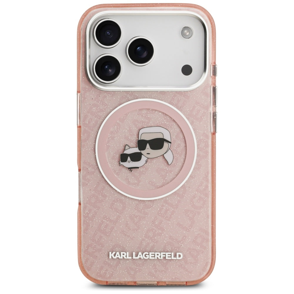 Capa MagSafe para Apple iPhone 17 Pro Max, Karl Lagerfeld, Glitter Karl & Choupette Head, Rosa