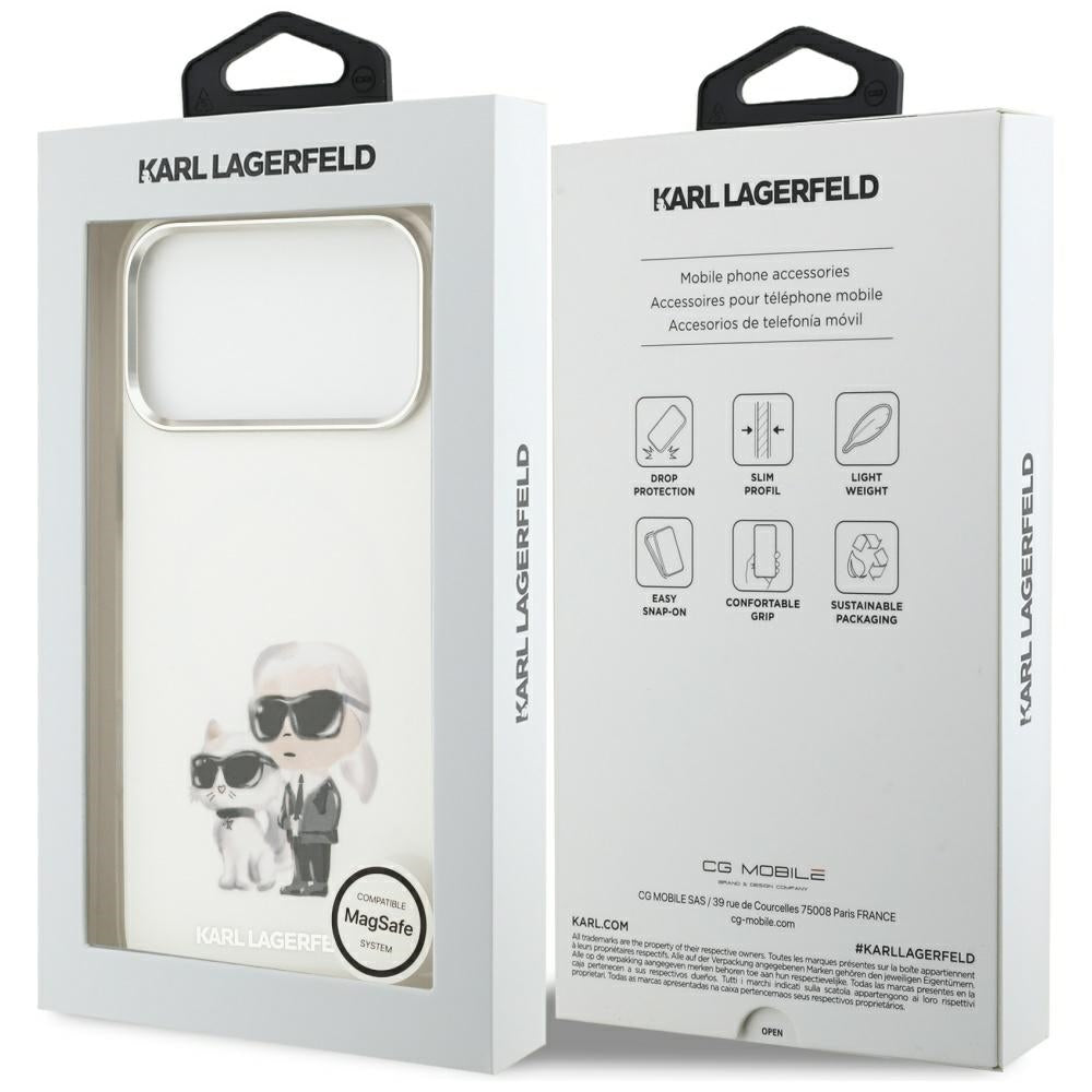 Capa MagSafe para Apple iPhone 17 Pro Max, Karl Lagerfeld, IML Aquarelle Logo Karl & Choupette, Branca.