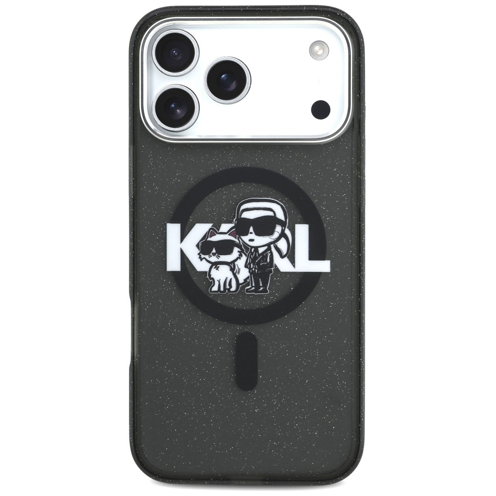 Capa MagSafe para Apple iPhone 17 Pro Max, Karl Lagerfeld, IML Sketch Logo Glitter Karl & Choupette, Preta.