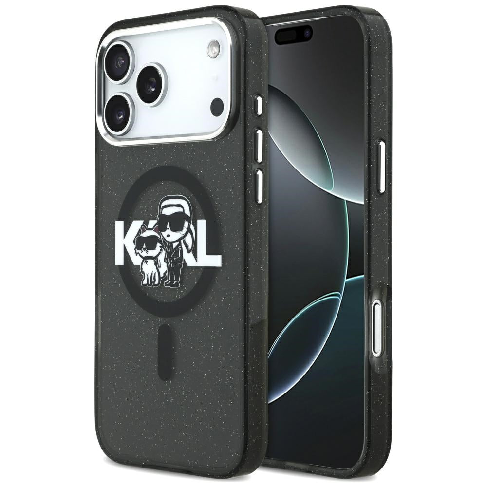 Capa MagSafe para Apple iPhone 17 Pro Max, Karl Lagerfeld, IML Sketch Logo Glitter Karl & Choupette, Preta.