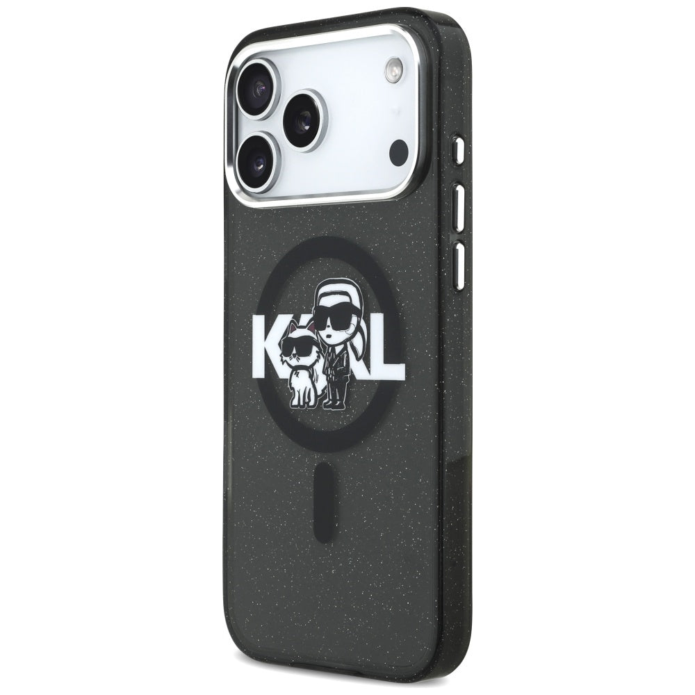 Capa MagSafe para Apple iPhone 17 Pro Max, Karl Lagerfeld, IML Sketch Logo Glitter Karl & Choupette, Preta.