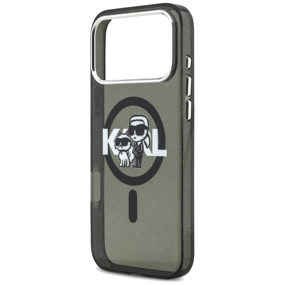 Capa MagSafe para Apple iPhone 17 Pro Max, Karl Lagerfeld, IML Sketch Logo Glitter Karl & Choupette, Preta.