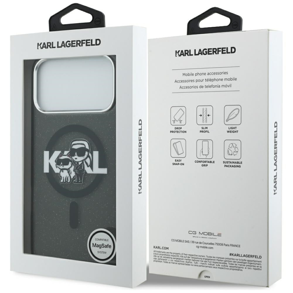 Capa MagSafe para Apple iPhone 17 Pro Max, Karl Lagerfeld, IML Sketch Logo Glitter Karl & Choupette, Preta.