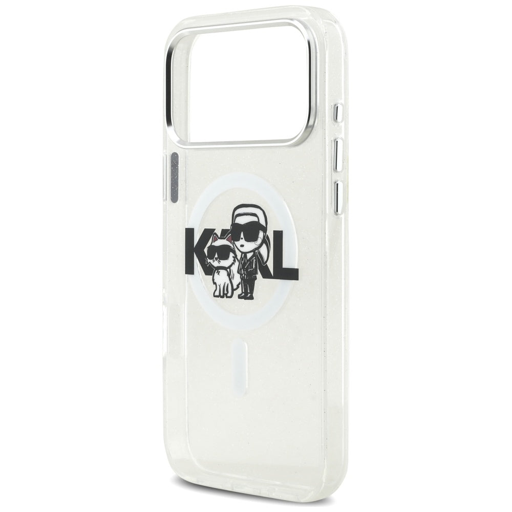 Capa MagSafe para Apple iPhone 17 Pro Max, Karl Lagerfeld, IML Sketch Logo Glitter Karl & Choupette, Transparente