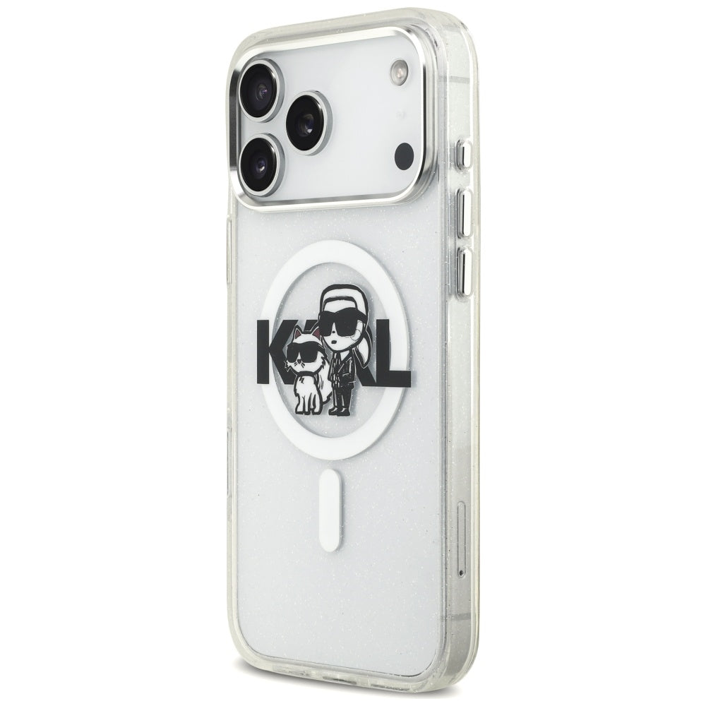 Capa MagSafe para Apple iPhone 17 Pro Max, Karl Lagerfeld, IML Sketch Logo Glitter Karl & Choupette, Transparente