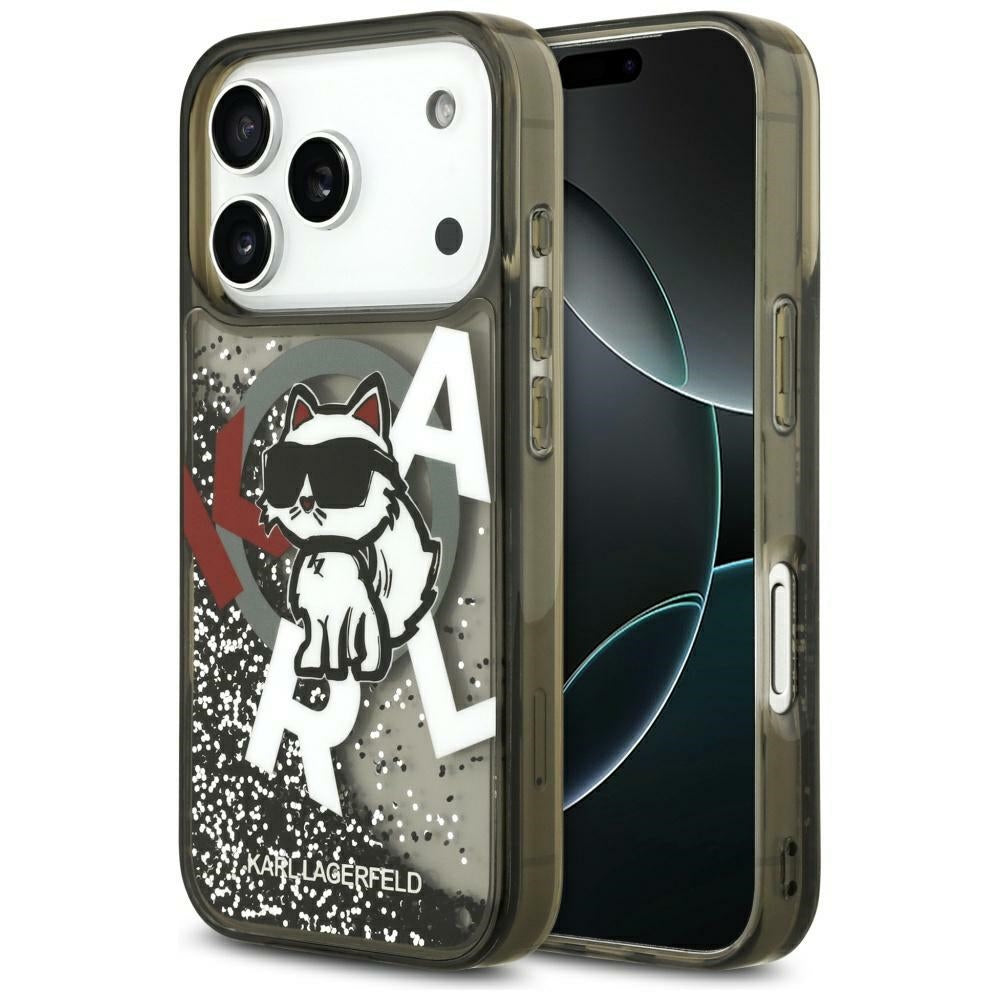 Capa MagSafe para Apple iPhone 17 Pro Max, Karl Lagerfeld, Liquid Glitter Logo Choupette, Preta