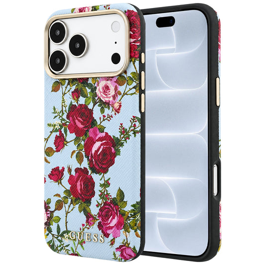 Capa MagSafe para Apple iPhone 18 Pro / 17 Pro, Guess, Blossom Roses Print, Azul celeste