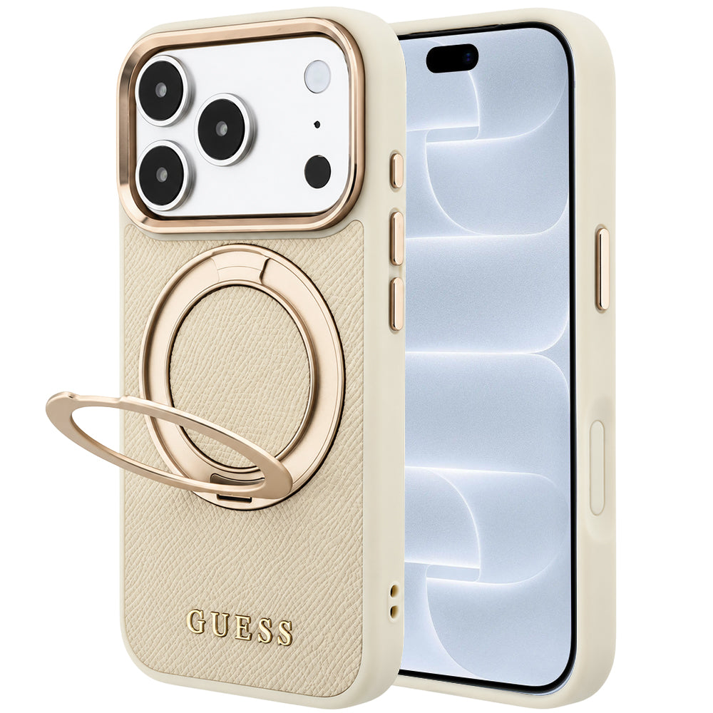 Capa MagSafe para Apple iPhone 18 Pro / 17 Pro, Guess, Grained Ring Stand 360 Classic, Bege