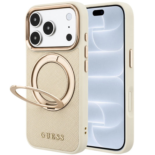 Capa MagSafe para Apple iPhone 18 Pro / 17 Pro, Guess, Grained Ring Stand 360 Classic, Bege