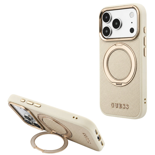 Capa MagSafe para Apple iPhone 18 Pro / 17 Pro, Guess, Grained Ring Stand 360 Classic, Bege