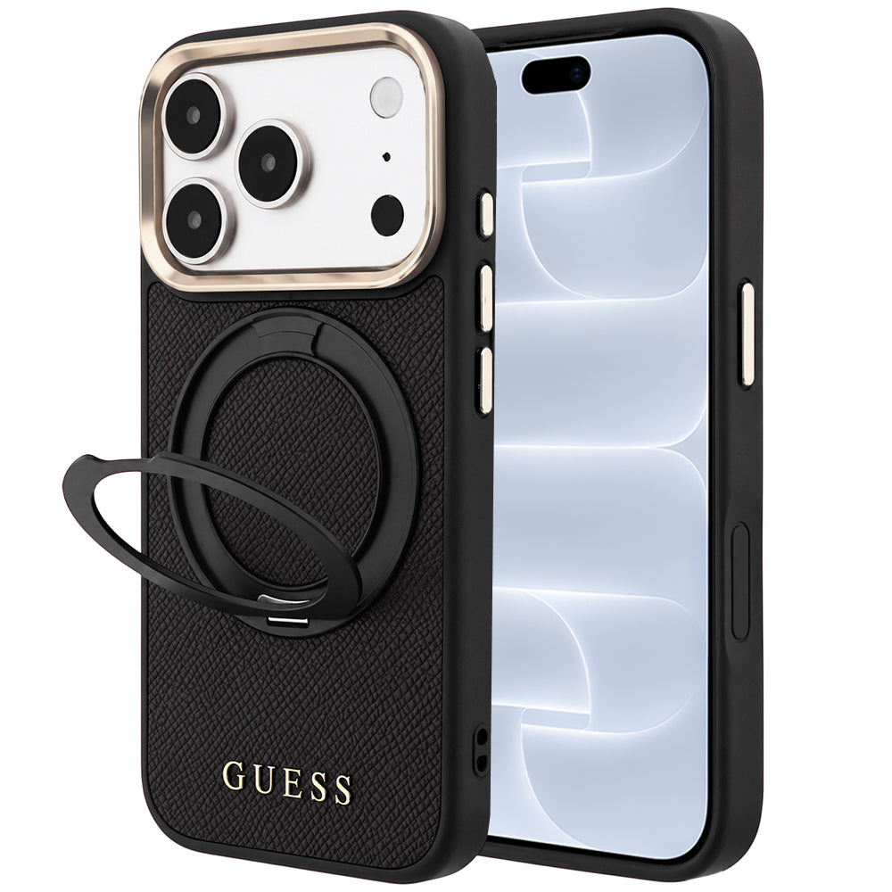 Capa MagSafe para Apple iPhone 18 Pro / 17 Pro, Guess, Grained Ring Stand 360 Classic, Preta