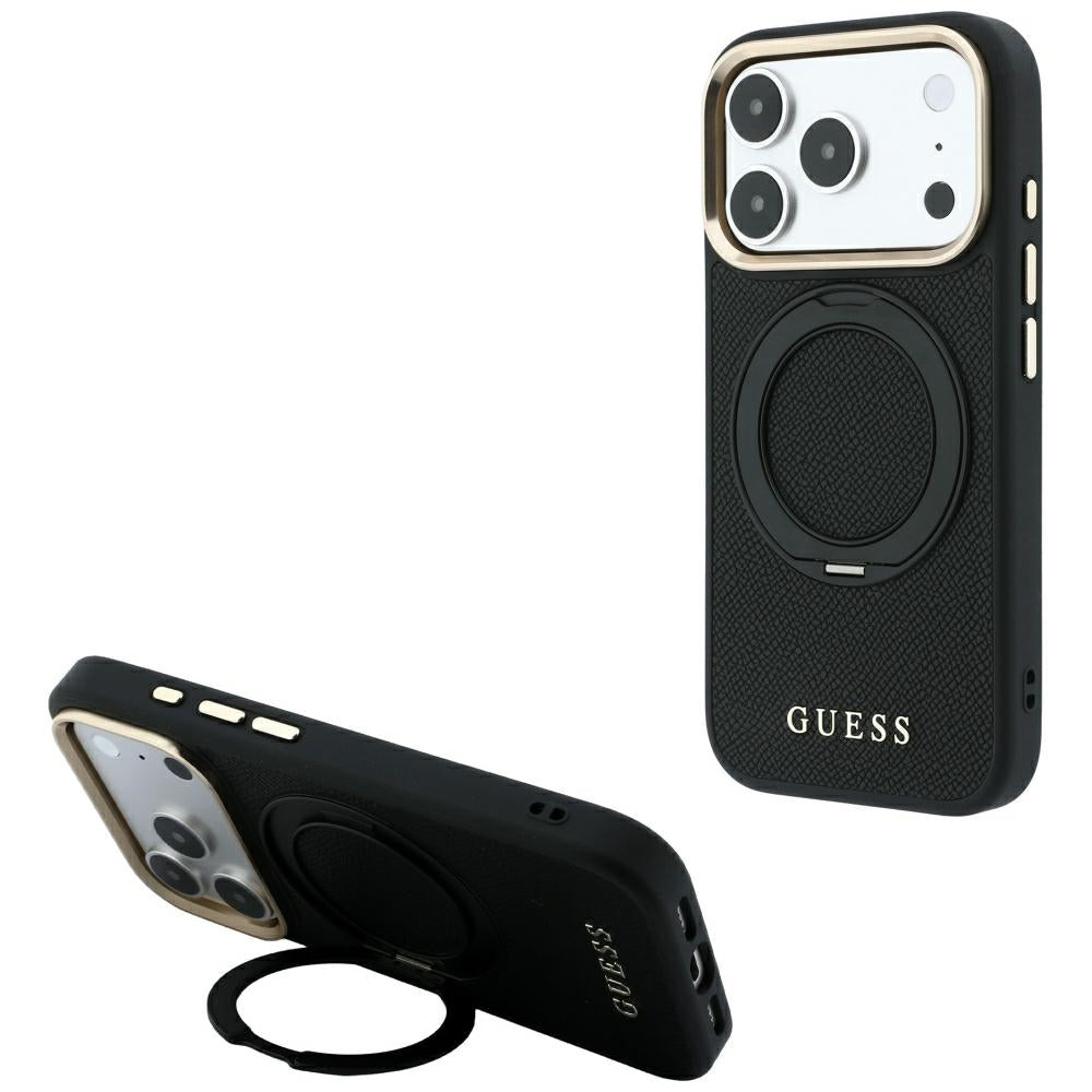 Capa MagSafe para Apple iPhone 18 Pro / 17 Pro, Guess, Grained Ring Stand 360 Classic, Preta