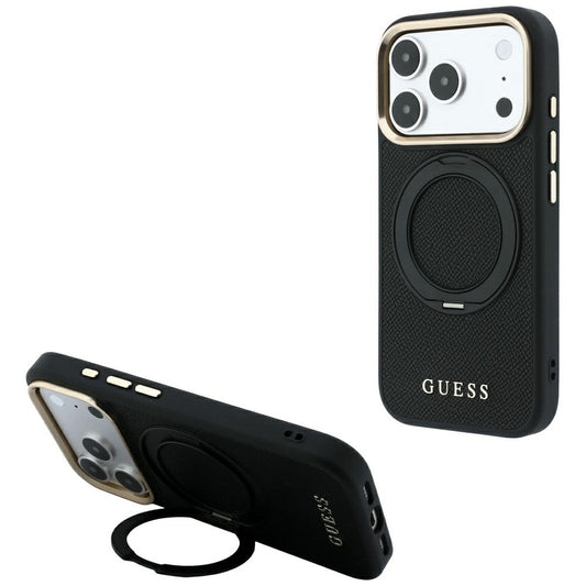 Capa MagSafe para Apple iPhone 18 Pro / 17 Pro, Guess, Grained Ring Stand 360 Classic, Preta