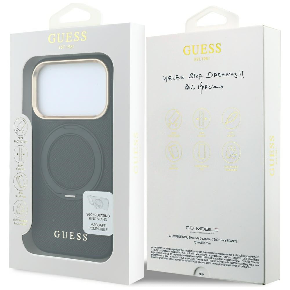 Capa MagSafe para Apple iPhone 18 Pro / 17 Pro, Guess, Grained Ring Stand 360 Classic, Preta