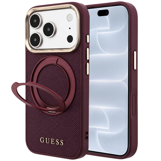 Capa MagSafe para Apple iPhone 18 Pro / 17 Pro, Guess, Grained Ring Stand 360 Classic, cor de vinho