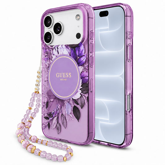 Capa MagSafe para Apple iPhone 18 Pro / 17 Pro, Guess, IML Flowers with Pearl Strap, Roxa