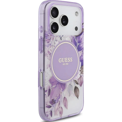 Capa MagSafe para Apple iPhone 18 Pro / 17 Pro, Guess, IML Flowers with Pearl Strap, Roxa