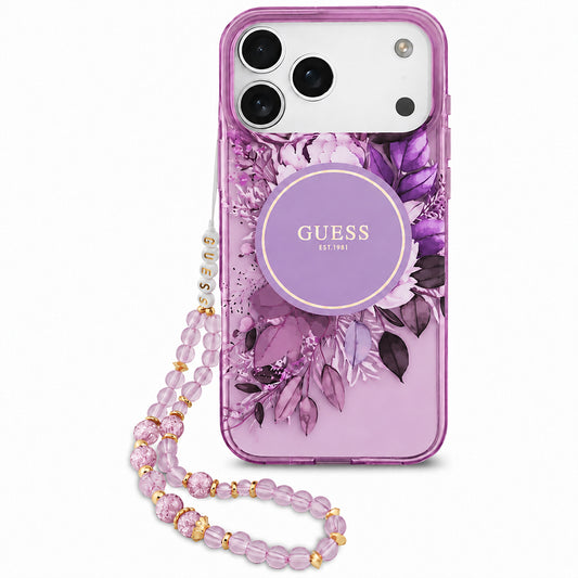 Capa MagSafe para Apple iPhone 18 Pro / 17 Pro, Guess, IML Flowers with Pearl Strap, Roxa