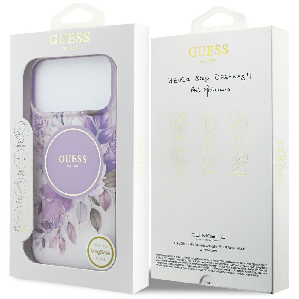 Capa MagSafe para Apple iPhone 18 Pro / 17 Pro, Guess, IML Flowers with Pearl Strap, Roxa