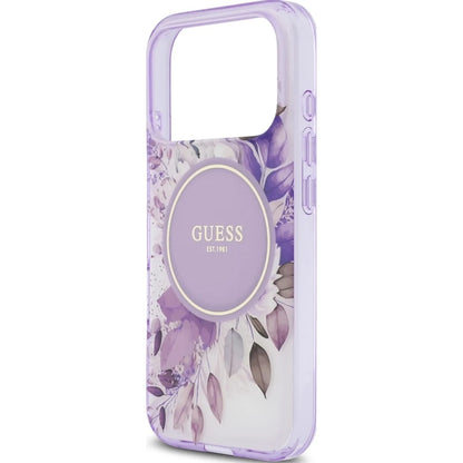 Capa MagSafe para Apple iPhone 18 Pro / 17 Pro, Guess, IML Flowers with Pearl Strap, Roxa