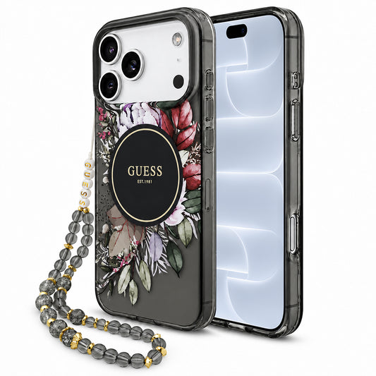 Capa MagSafe para Apple iPhone 18 Pro / 17 Pro, Guess, IML Flowers with Pearl Strap, Preta