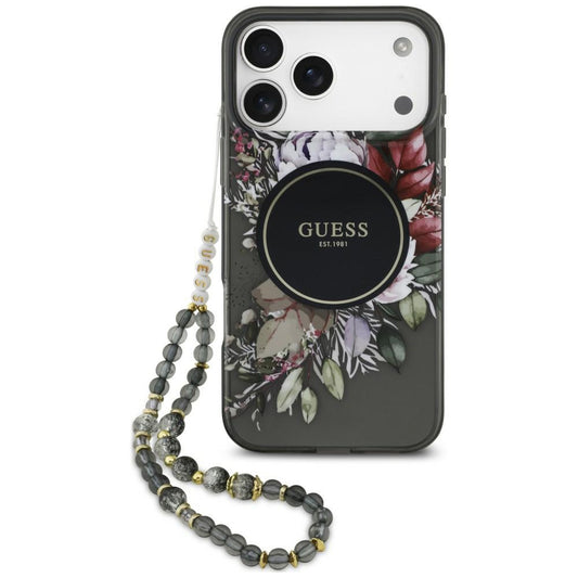 Capa MagSafe para Apple iPhone 18 Pro / 17 Pro, Guess, IML Flowers with Pearl Strap, Preta