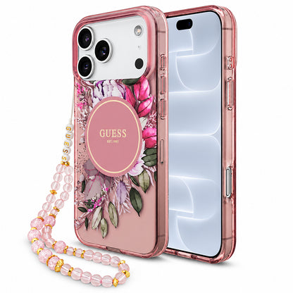 Capa MagSafe para Apple iPhone 18 Pro / 17 Pro, Guess, IML Flowers with Pearl Strap, Rosa