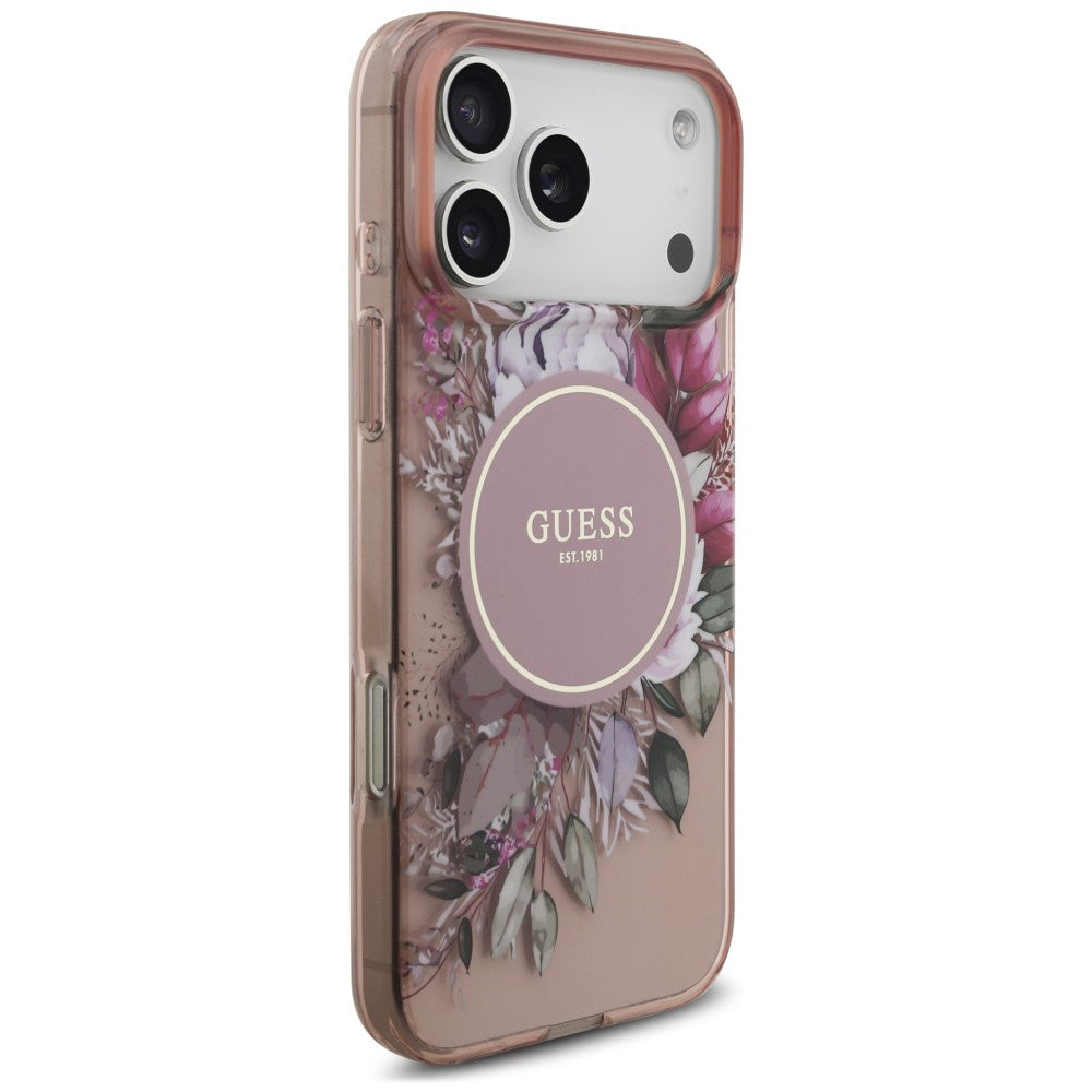 Capa MagSafe para Apple iPhone 18 Pro / 17 Pro, Guess, IML Flowers with Pearl Strap, Rosa