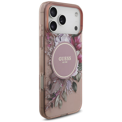 Capa MagSafe para Apple iPhone 18 Pro / 17 Pro, Guess, IML Flowers with Pearl Strap, Rosa