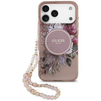 Capa MagSafe para Apple iPhone 18 Pro / 17 Pro, Guess, IML Flowers with Pearl Strap, Rosa