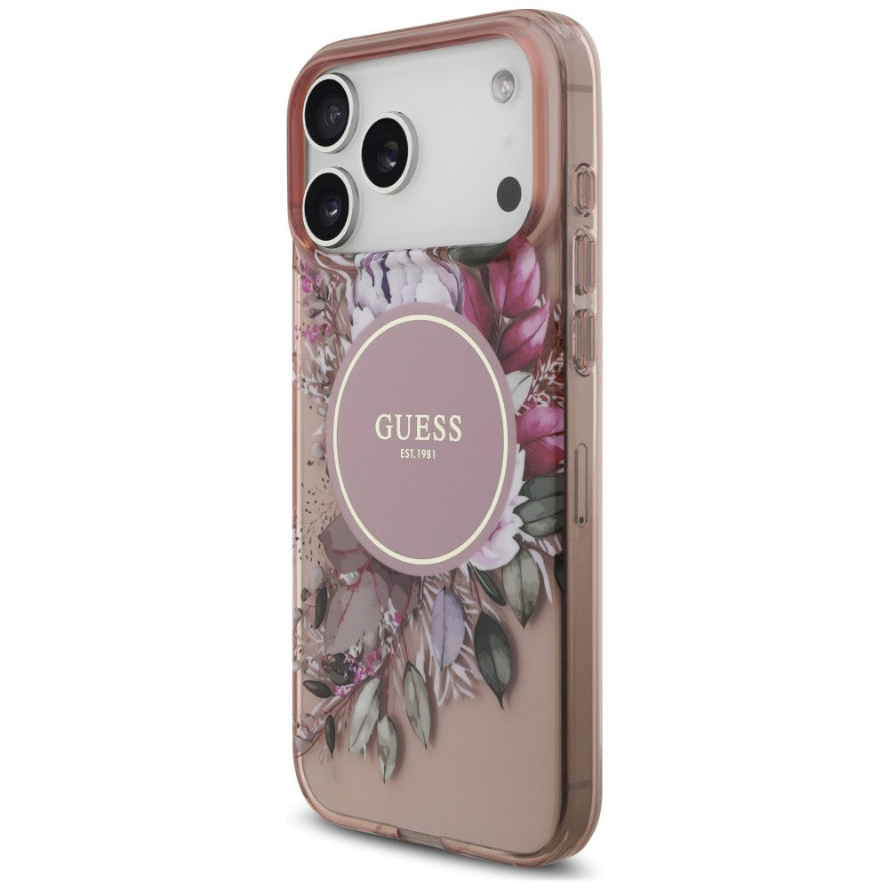 Capa MagSafe para Apple iPhone 18 Pro / 17 Pro, Guess, IML Flowers with Pearl Strap, Rosa
