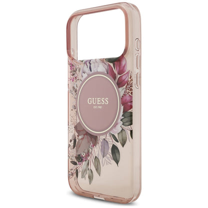 Capa MagSafe para Apple iPhone 18 Pro / 17 Pro, Guess, IML Flowers with Pearl Strap, Rosa