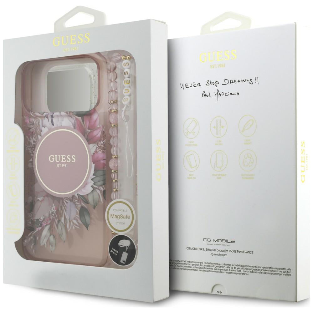 Capa MagSafe para Apple iPhone 18 Pro / 17 Pro, Guess, IML Flowers with Pearl Strap, Rosa