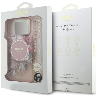 Capa MagSafe para Apple iPhone 18 Pro / 17 Pro, Guess, IML Flowers with Pearl Strap, Rosa